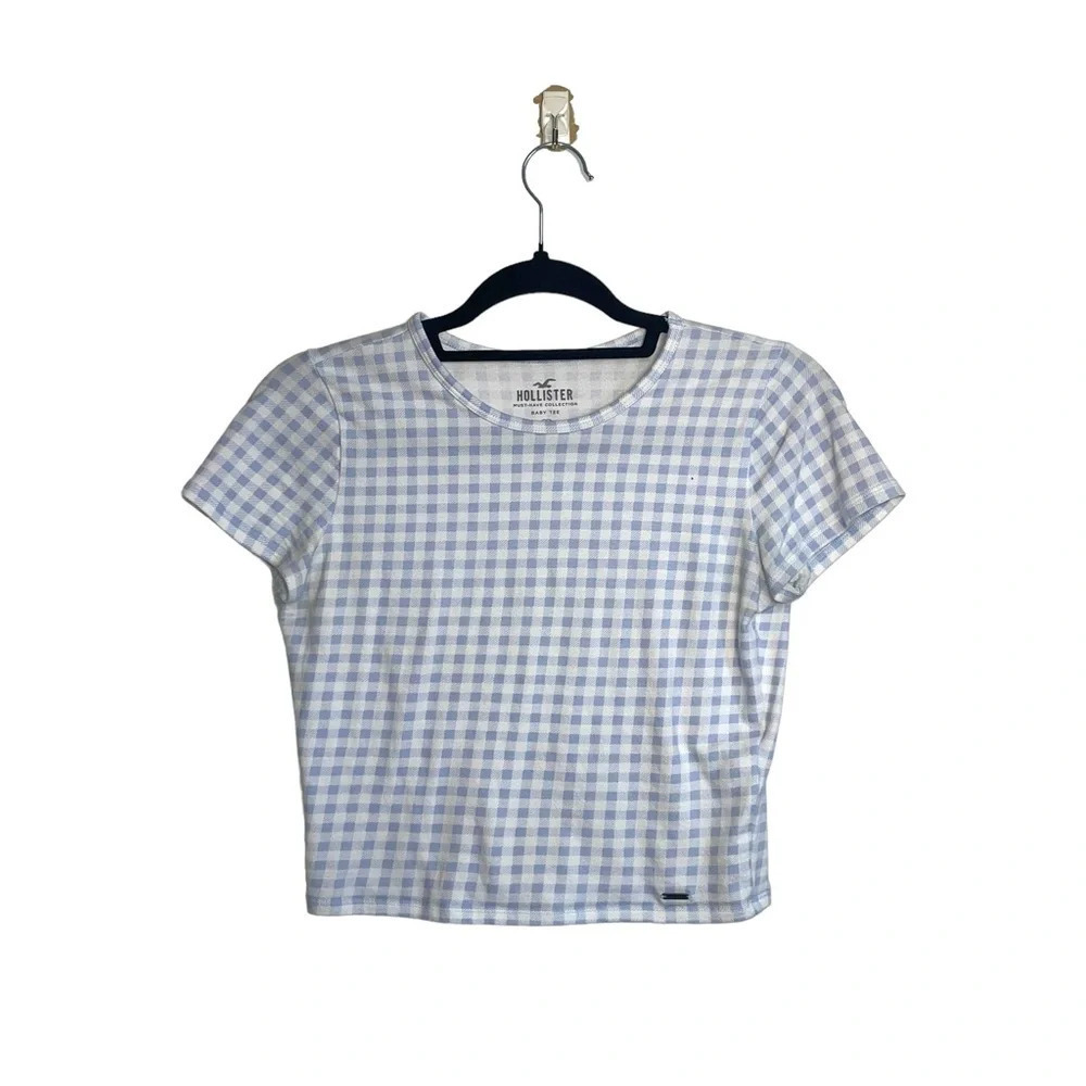 Hollister Baby Blue & White Gingham Plaid Print Cropped Baby Tee Small Women’s